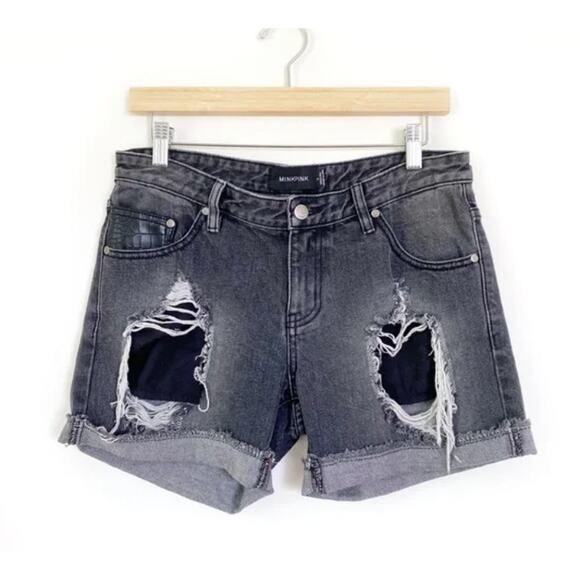 MINKPINK Washed Black Distressed Denim Shorts Small - Picture 1 of 7
